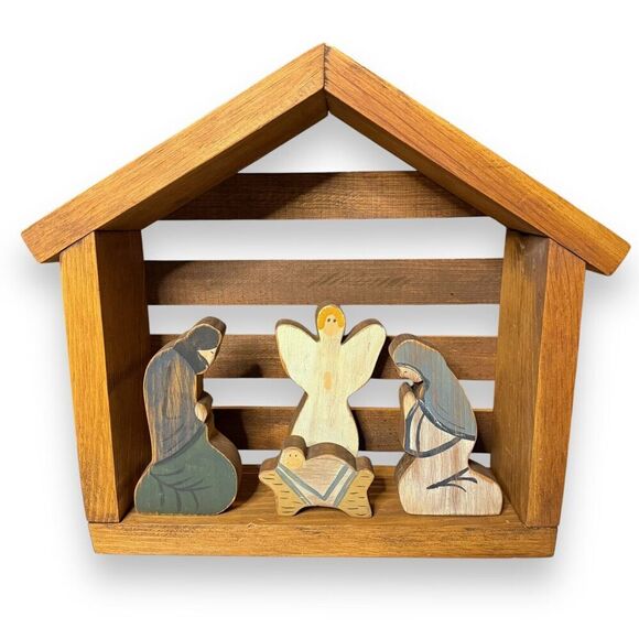 VTG Primitive Handmade Nativity Stable Holy Family Wise Men Angel 12 Piece Set - Picture 2 of 16